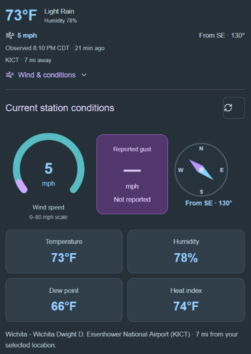 Recorded station conditions with temperature, humidity, dew point, heat index, wind speed and direction.