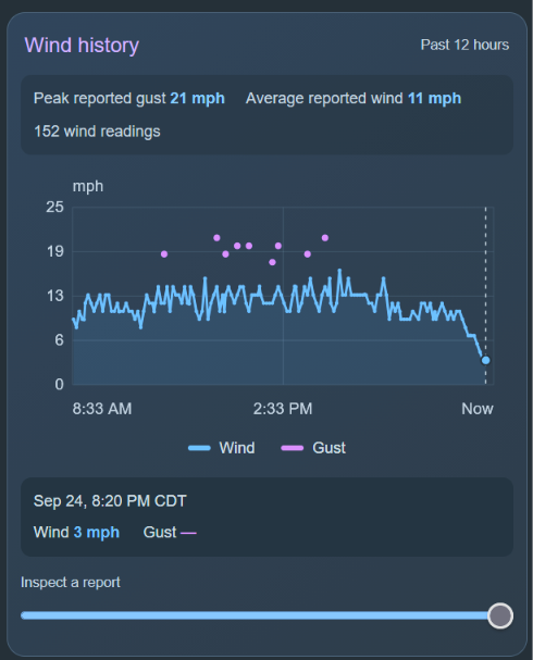 Wind history chart showing reported wind and gusts, summary statistics and a report inspection slider.